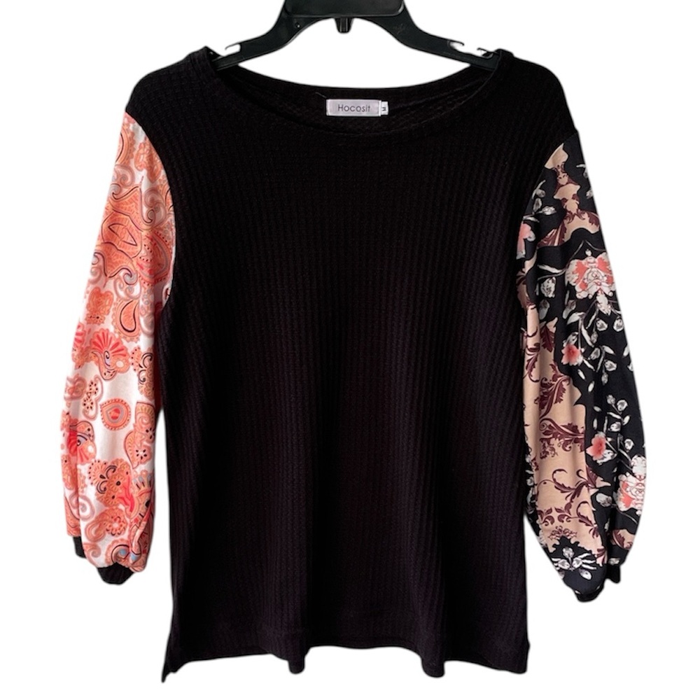 HOCOSIT WOMENS BLACK WAFFLE
KNIT TOP DECORATIVE LONG SLEEVES SIZE MEDIUM